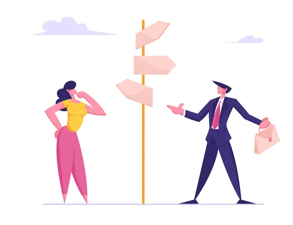 Business Challenge and Task Solution Choice Way Concept with Businessman and Businesswoman Stand on Crossroad Fork Pointer Making Decision what Road Direction Choose. Dibujos animados plana Vector Ilustración — Archivo Imágenes Vectoriales