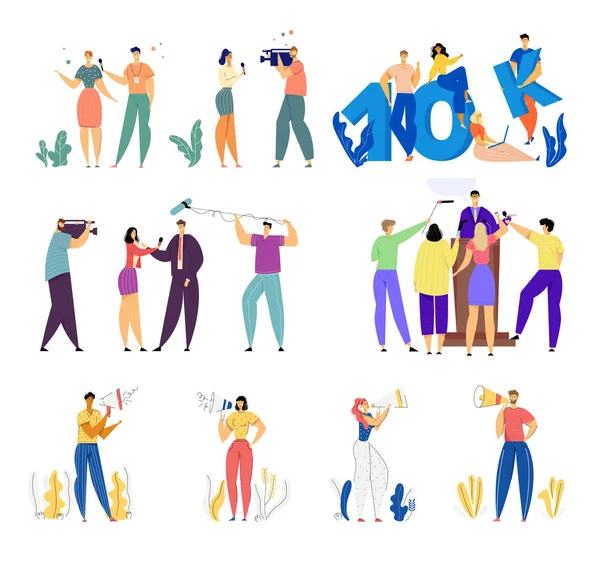 Sosyal Medya Meslekleri Seti. Erkek ve Kadın Karakterler Gazeteci Röportaj ve Ünlü Kişi ile Röportaj, Pazarlama Grubu Duyuru, 10k Hesap Takipçileri Karikatür Düz Vektör İllüstrasyon