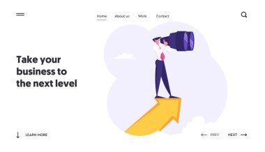 İş Vizyon Tahmin Web Sitesi Açılış Sayfası. İşadamı Dur Ok Dur Dürbün Başarılı Finansal Fikirler Web Sayfası Banner arıyor izliyor. Karikatür Düz Vektör İllüstrasyon