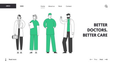 Hastane Sağlık Personeli İş Sitesi Açılış Sayfası. Doktorlar ve Hemşireler Sıra Konuşma ve Klinik, Tıp Meslek Web Sayfası Banner İletişim standı. Karikatür Düz Vektör İllüstrasyon