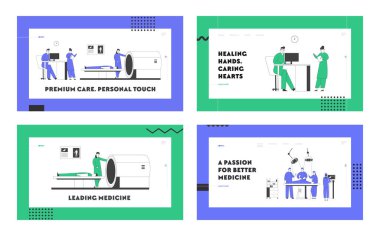 Hastane Web Sitesi Açılış Sayfa Seti manyetik rezonans görüntüleme ve cerrah operasyonu. Mri Machine Web Sayfası Afiş Karikatür Düz Vektör İllüstrasyon Hastalarla Klinik Çalışma Profesyonel Doktorlar