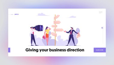 Seçim Yolu Konsept Web Sitesi Açılış Sayfası. Şaşkın İş Adamları Yol Yol Tarifi Nde Durun İşaretçi Hangi Yolu Seçeceğinizi KararA Hazırlıyorlar. Crossroad Web Sayfası Afiş. Karikatür Düz Vektör İllüstrasyon