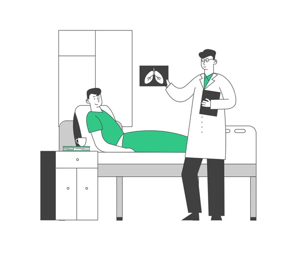 Homme couché dans la chambre du département de pneumologie à l'hôpital. Médecin debout près du lit du patient pendant le rendez-vous Regarder sur les rayons X Image des poumons. Ligne d'illustration vectorielle plate de bande dessinée de soins de santé Style d'art — Image vectorielle