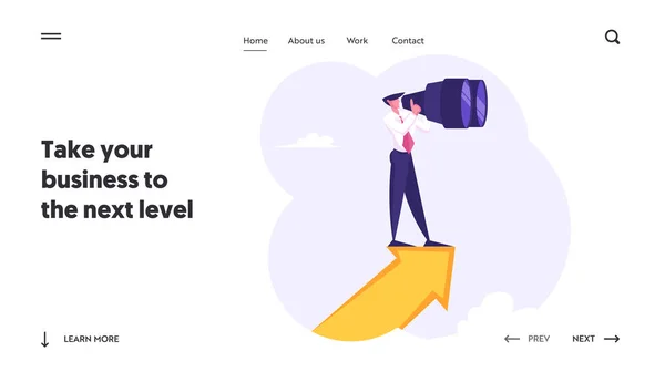 ビジネスビジョン予測予測ウェブサイトランディングページ。ビジネスマンは、成功した金融アイデアのWebページバナーを探して双眼鏡に目を見張って立っています。漫画フラットベクトルイラスト — ストックベクタ