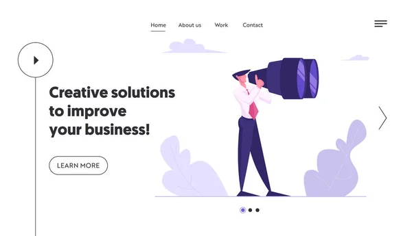ビジネスビジョン、採用社員サイトランディングページ巨大な双眼鏡を見守るビジネスマン。先見の明予測、将来の計画 Web ページ バナー。漫画フラットベクトルイラスト — ストックベクタ