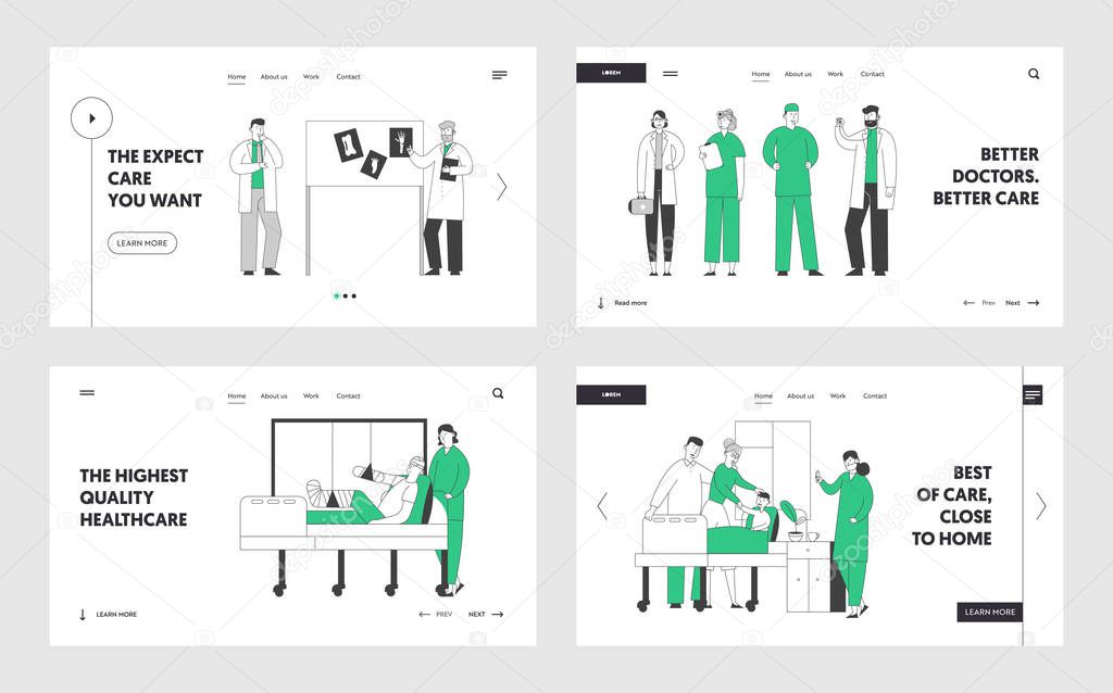 Professional Medical Staff at Work in Hospital Website Landing Page Set. Doctors and Nurses Work with Patients in Clinic, Concilium Meeting Healthcare Web Page Banner. Cartoon Flat Vector Illustration