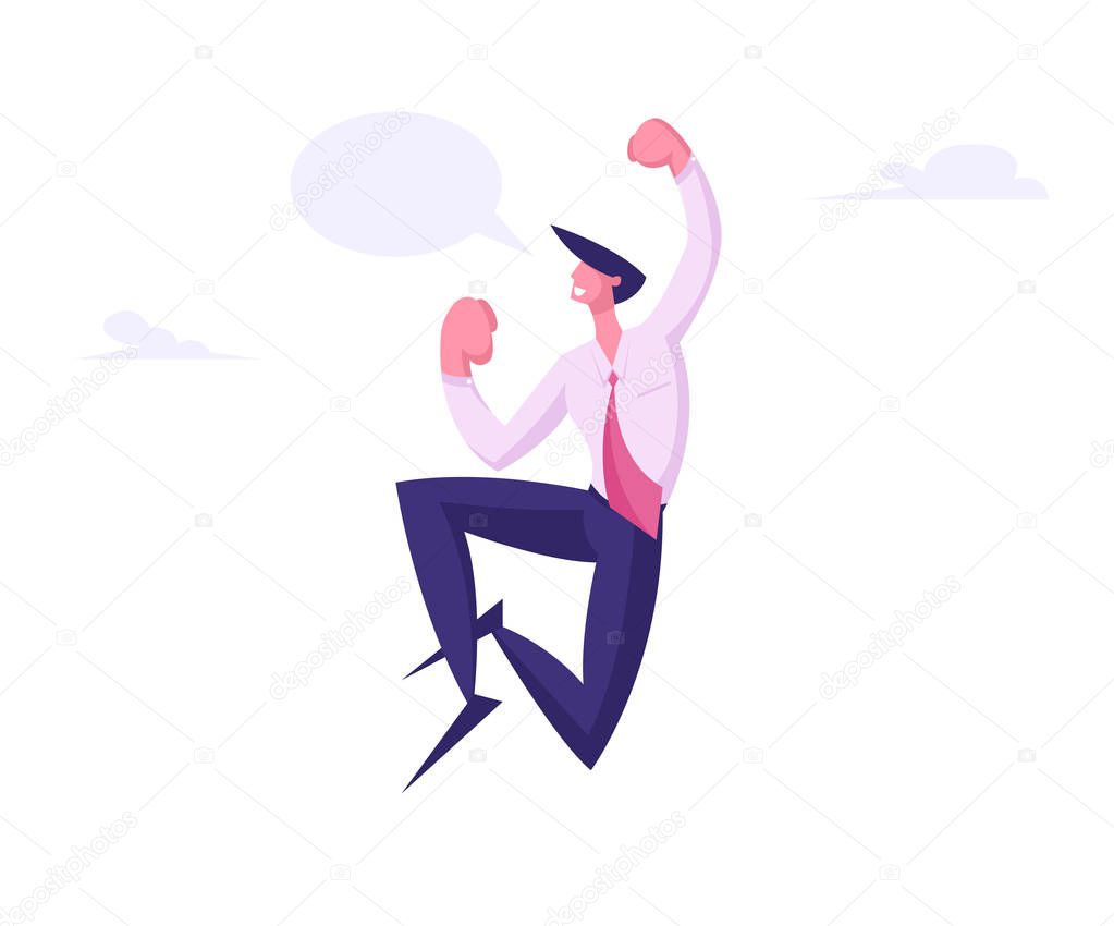 Winner Business Man Celebrating Victory or Successful Deal Jumping in Air with Yeah Gesturing and Empty Speech Bubble. Happy Manager Successful Worker with Arms Up. Cartoon Flat Vector Illustration