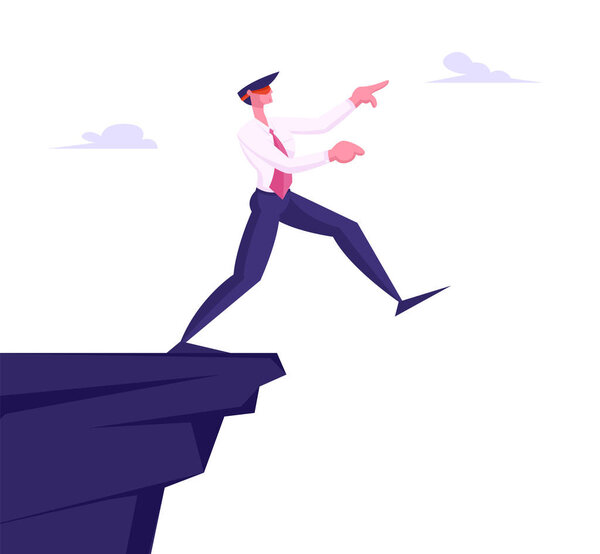 Inexperienced Weak or Foolish Businessman Take Step Blindfolded on Edge of Abyss. Crisis Management, Bankruptcy and Dept Concept, Business Man in Dangerous Situation. Cartoon Flat Vector Illustration