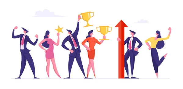 Equipo de negocios exitoso Personajes masculinos y femeninos en desgaste formal Stand in Raw Posing with Winners Trophies Celebrating Victory Successful Project. Concepto de trabajo en equipo. Dibujos animados plana Vector Ilustración — Vector de stock