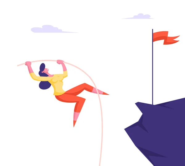 Business Competition concept met jonge zakenvrouw Pole vaulting op de top van High Mountain met rode vlag op piek. Spring naar succes, Career Boost en Leadership concept cartoon platte vector illustratie — Stockvector