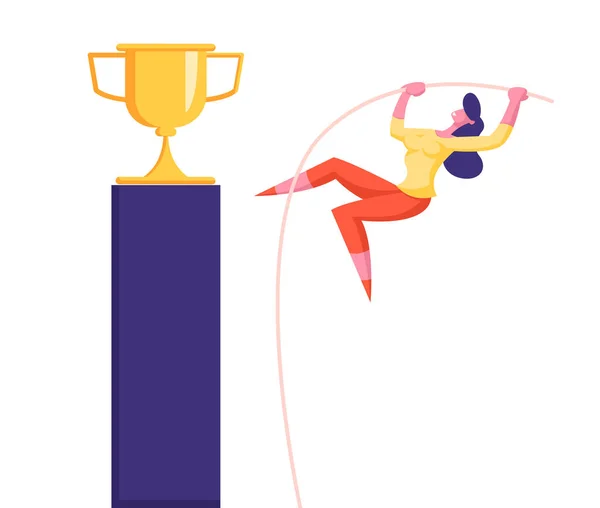 Brave businesswoman Polak vaulting na szczycie Pedestal ze złotym Cup. Konkurs biznesowy, wyzwanie kariery i koncepcja osiągnięcia celu. Kierownik kobieta REACH cel. Kreskówka płaski wektor ilustracja — Wektor stockowy