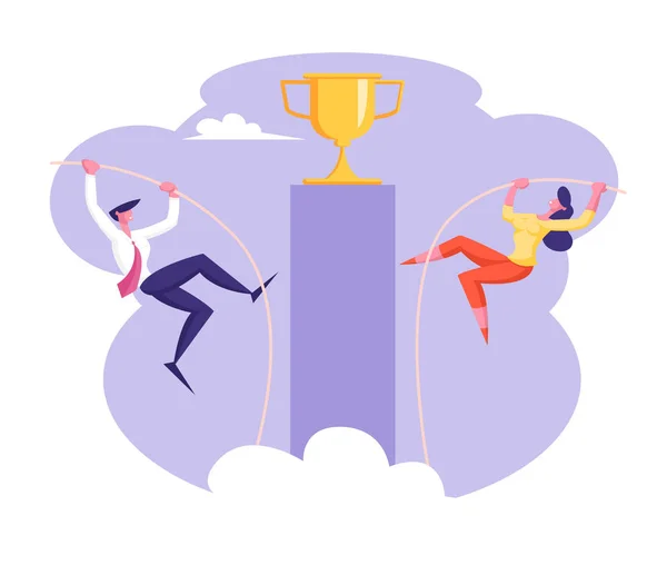 ゴールデンゴブレットでトップにジャンプする男性と女性のビジネスマンとのビジネス競争。目標達成、成功への挑戦、リーダーシップの概念漫画フラットベクトルイラスト — ストックベクタ