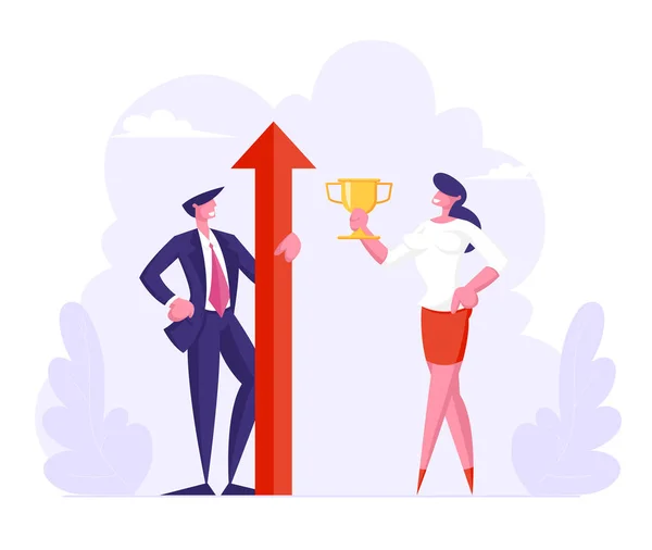 Business Competition Winners. Businesswoman Holding Golden Goblet and Businessman with Huge Red Arrow Goal Achievement. Victory Celebration, Success and Leadership. Cartoon Flat Vector Illustration — Stock Vector