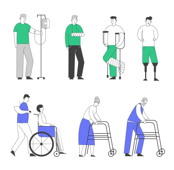 Disability Big Set of Old and Young Disabled People Male and Female Characters using Wheelchair, Crutches (dalam bahasa Inggris). Man with Broken Leg and Feet Prosthesis, Cartoon Flat Vector Illustration, Line Art Style - Stok Vektor