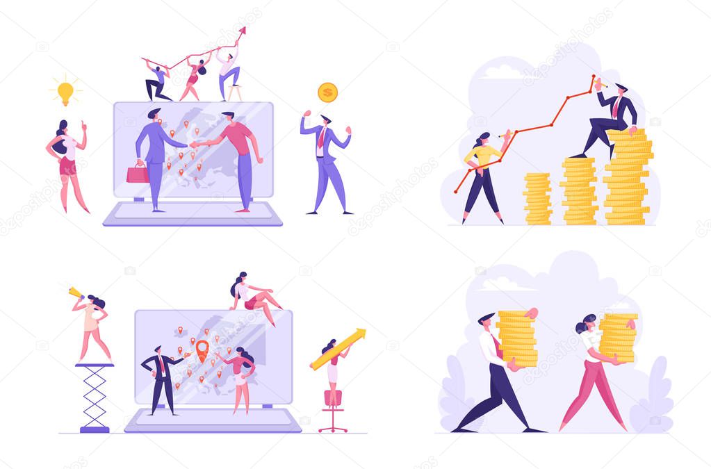 Set of Businesspeople Worldwide Communication and Profit Growth. Male and Female Characters Increasing Money Capital, Using Internet Technologies in Seo Management. Cartoon Flat Vector Illustration