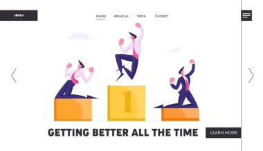 Yöneticiler Başarılı Anlaşma Web Sitesi Açılış Sayfasını Kutluyorlar. Mutlu İş Adamları Evet, Büyük Sonuçlar Web Sayfası Banner Ağlayarak Eller Up ile Kazananlar Kaide standı. Karikatür Düz Vektör İllüstrasyon