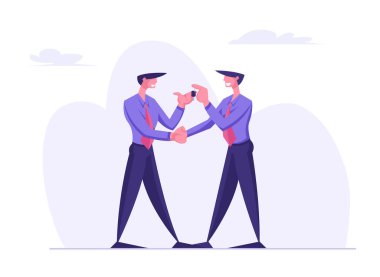 İş Adamı Karakteri Resmi Takım Elbise Giyen Başka Bir İşadamına Anahtar Veriyor. Araba Paylaşımı veya Yeni Otomobil Konsepti, Bayi Acentesi ve Müşteri Anlaşması Satın Alma. Karikatür Düz Vektör İllüstrasyon