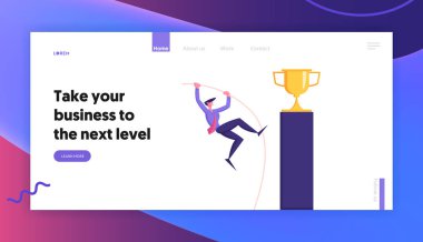 Hedef Başarı Web Sitesi Açılış Sayfası. İşadamı Pole Vaulting Challenge Üzerinde Altın Kupa Kadehi Yüksek Kaide Web Sayfası Banner Üstünde Duran Ulaşmaya Çalışıyorum. Karikatür Düz Vektör İllüstrasyon