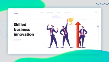 Kurumsal Rekabet Challenge Web Sitesi Açılış Sayfası. Başarılı İşadamları Zafer Ok ve Altın Kadeh ile Poz KutluyorLar Kasları Web Sayfası Afiş göster. Karikatür Düz Vektör İllüstrasyon