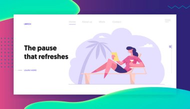 Palms Web Sitesi Açılış Sayfası ile Tropical Beach Resort Üzerinde İş kadını. Genç Kadın Tablet Pc İçme Kokteyl Web Sayfası Banner Zevk Salon Okuma Oturan. Karikatür Düz Vektör İllüstrasyon