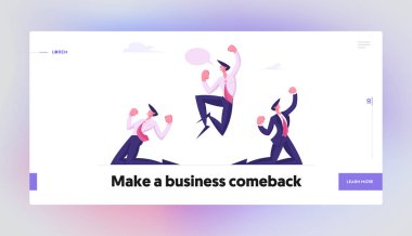 Başarılı Kazananlar Web Sitesi Açılış Sayfası. İş Ekibi Ofiste Zaferi Kutluyor. Mutlu Erkekler Dizleri Üzerinde Arms Up ve Ağlama evet Web Sayfası Banner ile Gesturing standı. Karikatür Düz Vektör İllüstrasyon