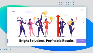 Web Sitesi Açılış Sayfası için Takım Çalışması Kavramı. Başarılı İş Ekibi Stand Ham Kazananlar Kupa Zafer Başarılı Proje Web Sayfası Banner kutluyor poz. Karikatür Düz Vektör İllüstrasyon