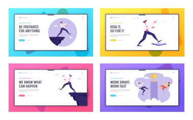 İş Riski, İflas ve Hedef Başarı Web Sitesi Açılış Sayfası Seti. İşadamı Sorun Cehalet Adım Trap ve Cliff Edge. Pole Vaulting Kupası Web Sayfası Afiş. Karikatür Düz Vektör İllüstrasyon