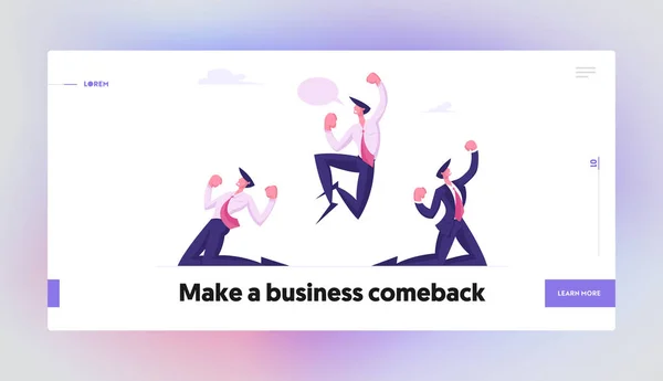 Pagina iniziale del sito Web dei vincitori di successo. Business Team Celebriamo la vittoria in carica. Gli uomini felici stanno in ginocchio gesticolando con le braccia alzate e piangendo Yeah Web Page Banner. Illustrazione del vettore piatto del fumetto — Vettoriale Stock