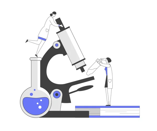 Gyógyszerészeti laboratórium kutatási koncepciója. Női tudósok karakterek dolgozni kémia Lab orvosi berendezések Mikroszkóp lombik pipettával kísérlet. Cartoon Flat vektoros illusztráció, Line Art — Stock Vector