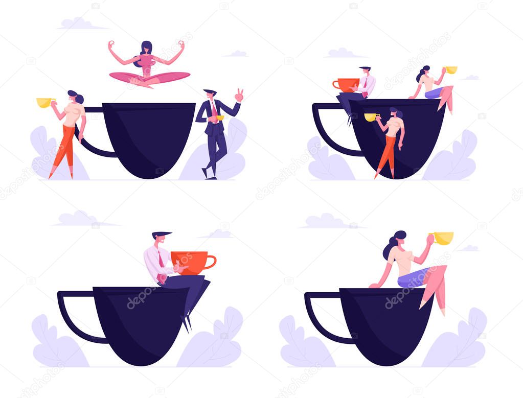 Set of Business Persons, Friends or Colleagues on Coffee Break Meeting. Smiling Relaxing People Sit on Huge Cup Drinking Beverages after Work, Friendly Conversation. Cartoon Flat Vector Illustration