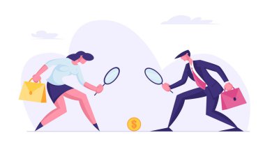 İş Adamları Karakterler Erkek ve Kadın Büyüteç Cam ile Yere Yatan Altın Dolar Sikke Bakıyor. Finansal Başarı Araştırma ve Fırsat, Bankacılık Karikatür Düz Vektör İllüstrasyon