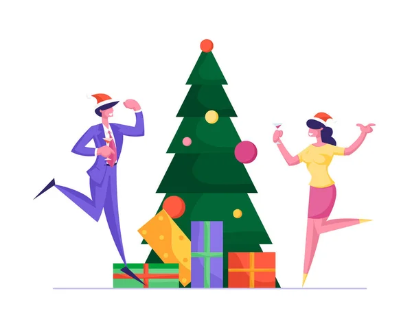 Trabajadores felices divirtiéndose. La gente celebra la fiesta de Navidad en la oficina bailando en el árbol de Navidad decorado con regalos. Gestores alegres en el lugar de trabajo. Colegas alegres Dibujos animados plana Vector Ilustración — Vector de stock