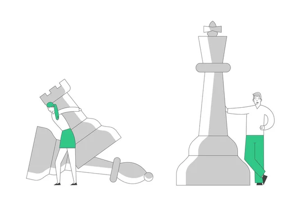 Бізнесмен і жінка - самовпевнені опоненти, що грають у стратегічну гру - шахи, що рухаються величезними фігурами на борту. Тактика планування мислення та стратегічна концепція мультфільму плоска векторна ілюстрація, лінійне мистецтво — стоковий вектор