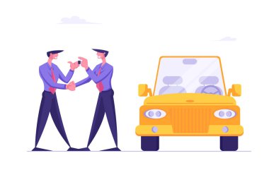 Auto Salon veya Carsharing Yeni Lüks Araba Satın Alma. Bayi Merkezi Müdürü Happy Owner Modern Auto Anahtarları veren. İş Adamı İş Kavramı Karikatür Düz Vektör İllüstrasyon Başarı yaulaşan