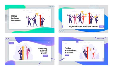İş Takımı Zafer Kutlama Web Sitesi Açılış Sayfası Seti. Başarılı İş Adamları Kazanan Kupalar ile Poz Zafer Başarılı Proje Web Sayfası Afiş Karikatür Düz Vektör İllüstrasyon kutlayın