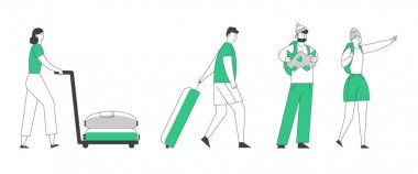 İnsanlar Turistler Seyahat Seti. Sırt Çantaları ile Genç Çift Yürüyüş, Erkek ve Kadın Bagaj Ile Uçak veya Kayıt Acele. Yaz Tatili Tatil hobi karikatür düz vektör illüstrasyon, çizgi sanat