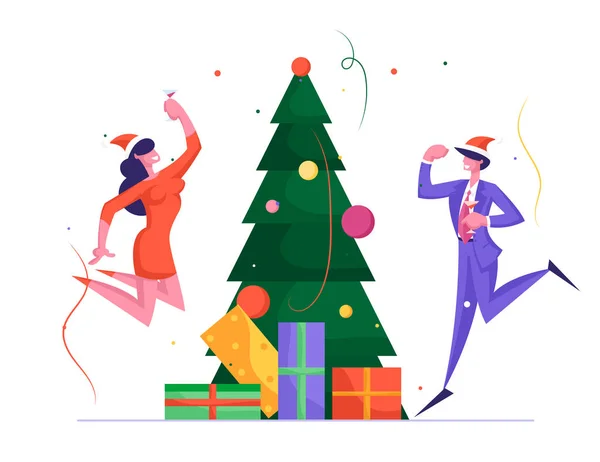 La gente de negocios se divierte en la fiesta de Navidad de la oficina en la feliz compañía de colegas. Celebración de Año Nuevo en el Trabajo con Champán, Árbol de Navidad Decorado y Confetti. Dibujos animados plana Vector Ilustración — Vector de stock