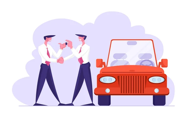 Business Car Sharing service koncept, automatisk uthyrning, provkörning eller Carpool. Affärsman återförsäljare i formell kostym ge nyckeln till föraren. Sälja, leasing eller hyra bil tecknad platt vektor illustration — Stock vektor