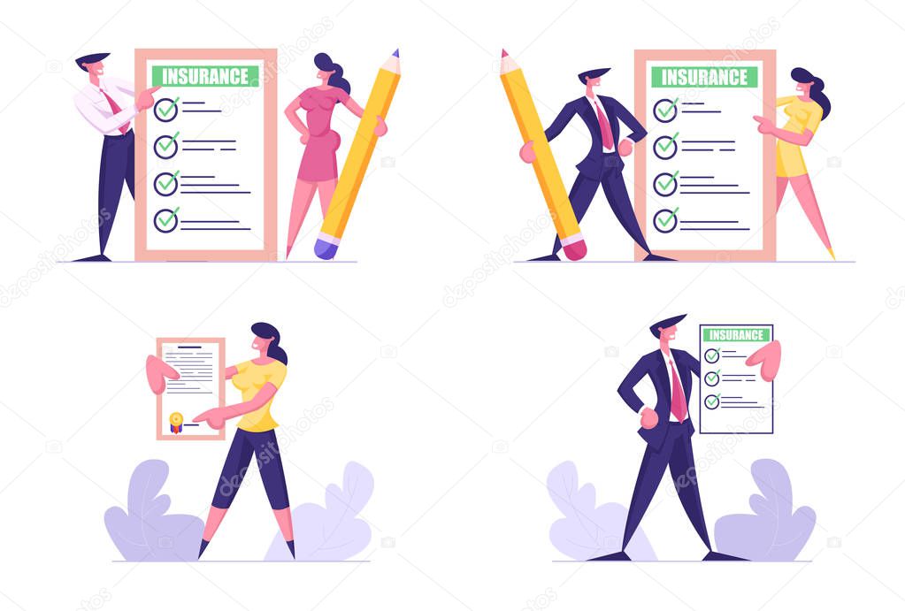 Set of Man and Woman Holding Insurance Certificates with Check Marks. Protection of Health and Property Interests of Individual and Legal Entities Insured Events. Cartoon Flat Vector Illustration