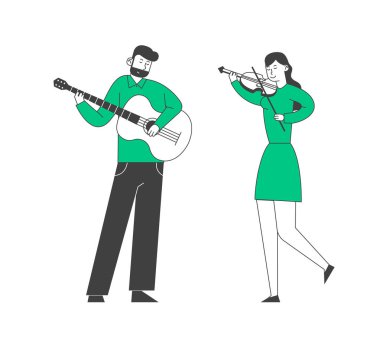 Enstrümanlı Müzisyenler Sahnede Keman ve Gitar la performans sergilerler. Klasik, Filarmoni Sahnesinde Popüler Müzik Konser Performansı, Enstrümantal Ensemble Karikatür Düz Vektör İllüstrasyon, Çizgi Sanatı