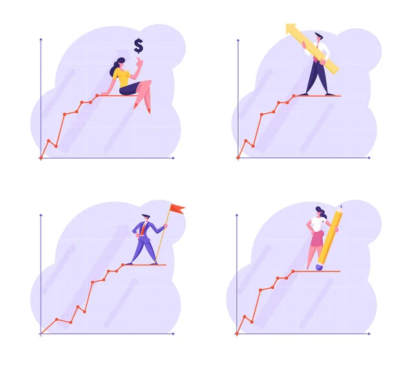 Ensemble de jeunes gens d'affaires se situent au sommet de la ligne des graphiques de croissance financière. Femme d'affaires et homme d'affaires Présentation, analyse des données Schéma statistique des bénéfices financiers Illustration vectorielle plate — Image vectorielle