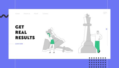 Planlama Taktikleri ve Stratejik Web Sitesi Açılış Sayfası. İş Adamı ve Kadın Rakipler Stratejik Oyun Oynarken Satranç Hareketli Taşlar Board Web Sayfası Banner. Karikatür Düz Vektör İllüstrasyon, Çizgi Sanatı