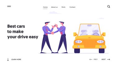 Salon veya Carsharing Web Sitesi Açılış Sayfası Yeni Araba Satın Alma. Manager Modern Auto Happy Owner için Anahtarları veren. İşadamı Reach Başarı İş Web Sayfası Banner. Karikatür Düz Vektör İllüstrasyon