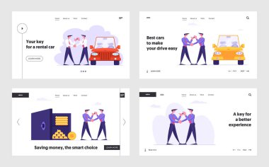 İş Araba Paylaşımı veya Kira Hizmeti, Güvenli Kutu Web Sitesi Açılış Sayfa Seti Para. Otomatik Kiralama, Test Sürüşü veya Carpool. İşadamı Tasarruf Para Mevduat Web Sayfası Banner. Karikatür Düz Vektör İllüstrasyon