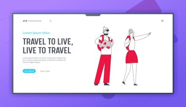 Backpackers Öğrenme Haritası Web Sitesi Açılış Sayfası. Gezginler Yürüyüş Macera Tatil Konsepti. Erkek ve Kadın Turistler Yürüyüş Rota Açık Web Sayfası Banner. Karikatür Düz Vektör İllüstrasyon, Çizgi Sanatı