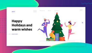 İnsanlar Ofis Web Sitesi Açılış Sayfasında Xmas Parti kutlamak. Mutlu İşçiler İşyerinde Web Sayfası Banner Hediyeler ile Süslenmiş Noel Ağacı'nda Dans Eğlenen. Karikatür Düz Vektör İllüstrasyon