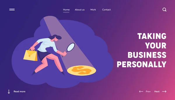 Ganancia y Beneficio Página Web de Idea Landing Page. Mujer de negocios en busca de dinero Riqueza Mirando a través de lupa de vidrio en dólares en la luz Ray en el piso Página Web Banner Dibujos animados plana Vector Ilustración — Archivo Imágenes Vectoriales