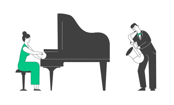 Zongorista és szaxofon játékos koncert jelmez játék musical összetétele a Grand Piano és Sax jazz Performance a színpadon. Művészek Performing a jelenet Cartoon Flat Vector illusztráció, Line Art — Stock Vector