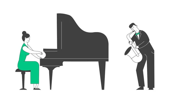 Pianista e sassofonista in costume da concerto con composizione musicale al pianoforte a coda e Sax per performance jazz sul palco. Artisti che si esibiscono sulla scena Cartoon Flat Vector Illustrazione, Line Art — Vettoriale Stock