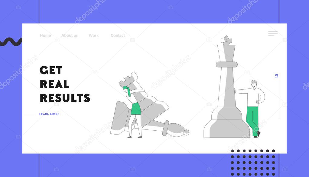 Planning Tactics and Strategic Website Landing Page. Business Man and Woman Opponents Playing Strategic Game Chess Moving Pieces on Board Web Page Banner. Cartoon Flat Vector Illustration, Line Art
